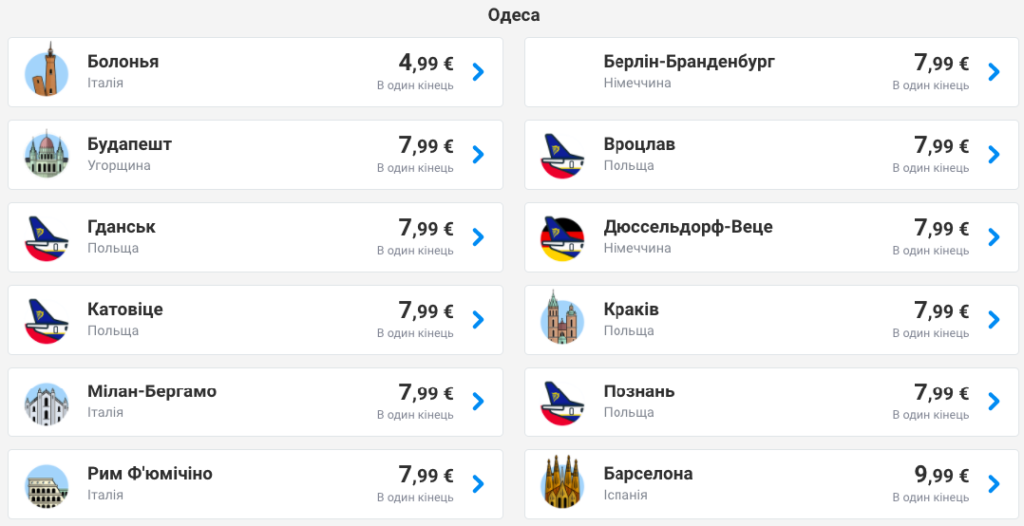 Ryanair: распродажа билетов из Украины от 5€!