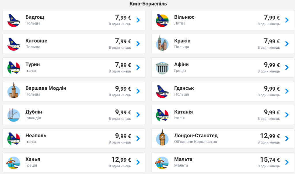 Ryanair: быстрая распродажа билетов из Украины от 5€!