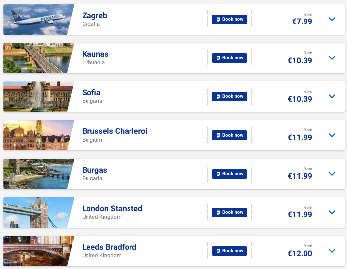 Ryanair: швидкий розпродаж квитків по Європі від €8